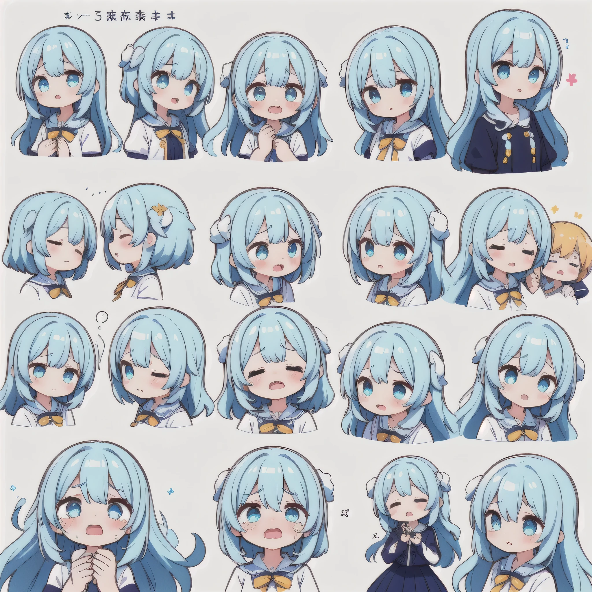 1 girl, Big eyes, long eyelashes,Light blue skirt,light blue long hair,light blue eyes, No background, (9 properties is,All frames have padding and margins,All the same characters, They all have different expressions, Align the arrangement, Padding 5px),9 poses and expressions (Sad,surprise,enjoying,exhilarating,Laughter,Gentle angry,hang on, crying, sleeping)