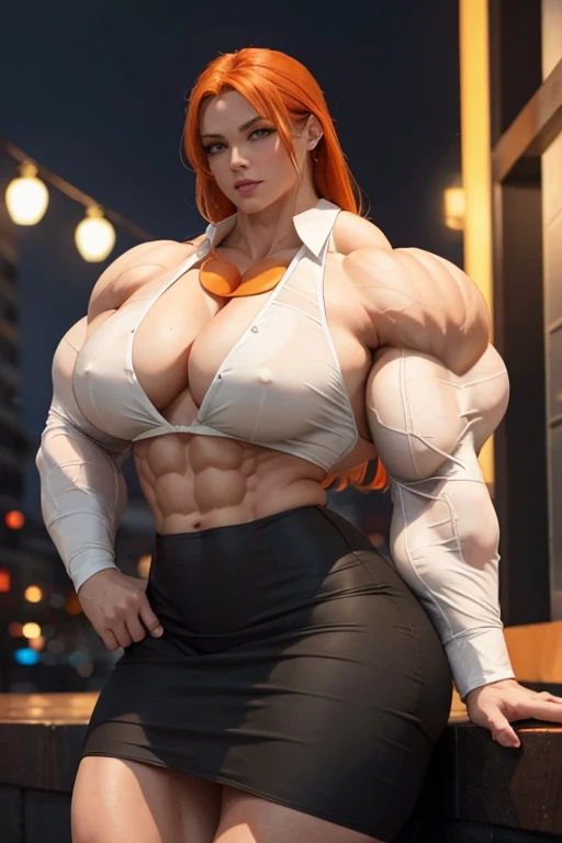 (((((Massive beautiful, buff, bulky, pale white skinned muscular, woman with orange hair, ginormous bulky muscles and wearing a orange unbuttoned long sleeve blouse and a black skirt))))), close view, ((sunglasses)), vascular, massive muscle, massive biceps, hyper muscle shoulders, vascular shoulders, hyper muscle triceps, (shaggy long hair), green eyes, (high heels), smirk, in a night city at evening, Vascular arms, hyper vascular arm, hyper muscles arms, hyper muscle legassive buff arms))