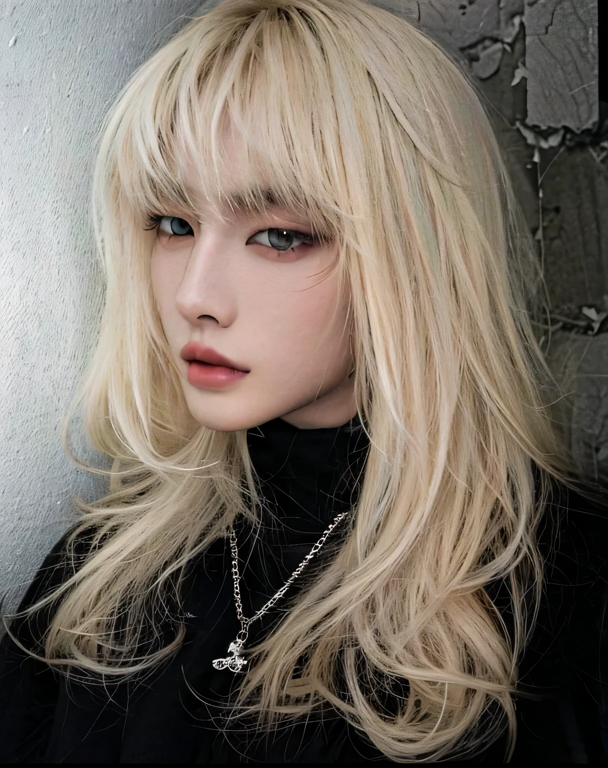 peluca rubia con un tatuaje de mariposa en el costado, pelo largo y blanco y flequillo, pelo largo y rubio y ojos grandes, ulzzang, extremely pale blonde hair, long cabello rubio y ojos grandes, cruel korean gothic girl, very very pale blonde hair, flequillo blanco, cabello rubio y ojos grandes, con el pelo largo y blanco, retrato de kim petras