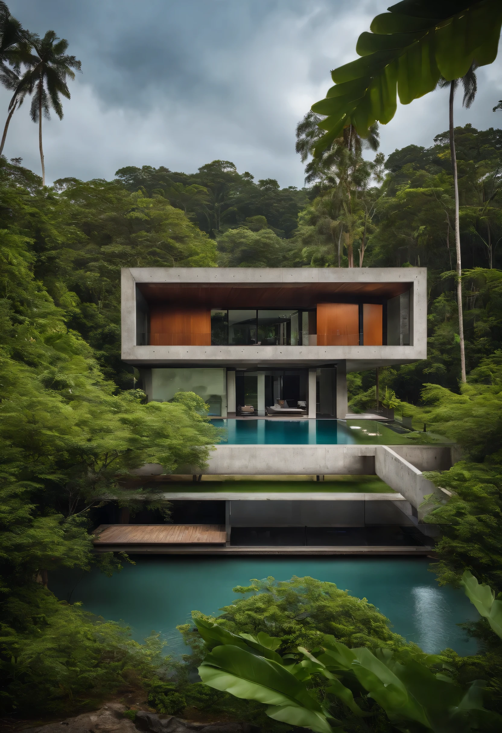 Modern Concrete House Next to Water Bodies and Forests in Tropical Climates