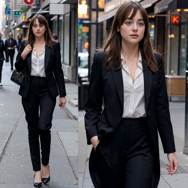 Dakota Johnson dressed in a blazer and dress pants