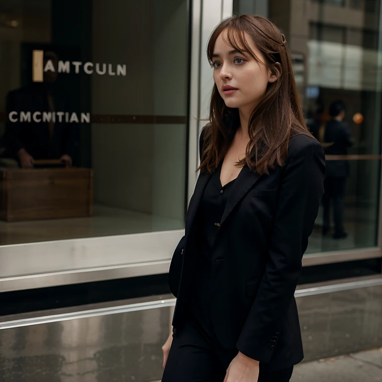 Dakota Johnson dressed in a blazer and dress pants