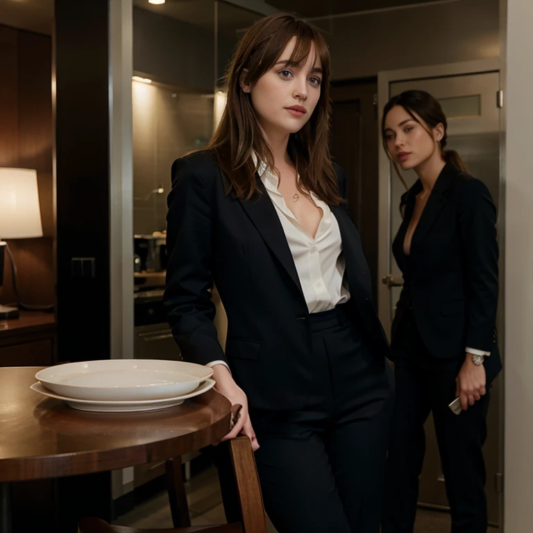 Dakota Johnson dressed in a blazer and dress pants
