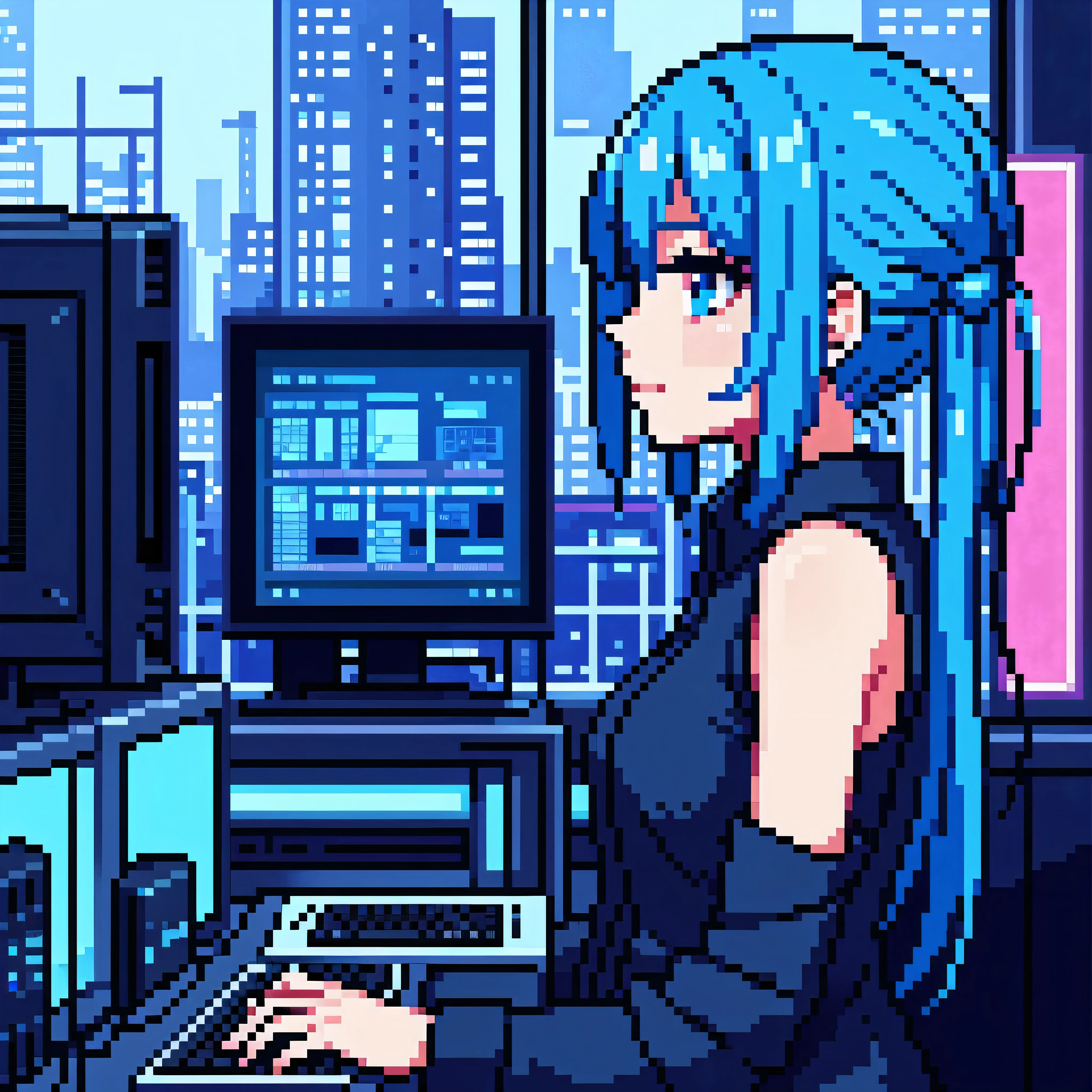 blue hair, girl, profile picture, Blue eyes, Love, game, main character, the rain, city, neon, pink, game, game controller, computer, window