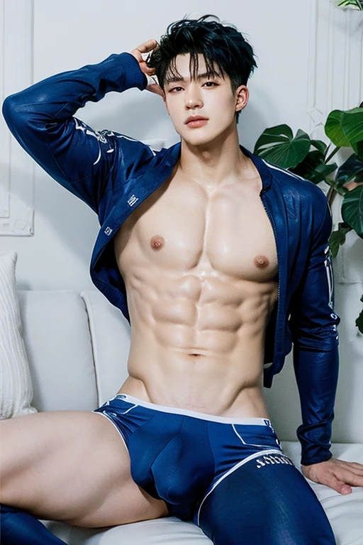 handsome Korean , blue hair, muscular body, topless, tight transparent white brief underwear, Spread legs sitting on sofa, huge bulge tight, lean back, hand beside head, long dick print, oily skin, white skin, body hairless, looking viewer, dynamic view, front view, very sexy, bulge print, detailed bulge, photograph, realistic, horney face