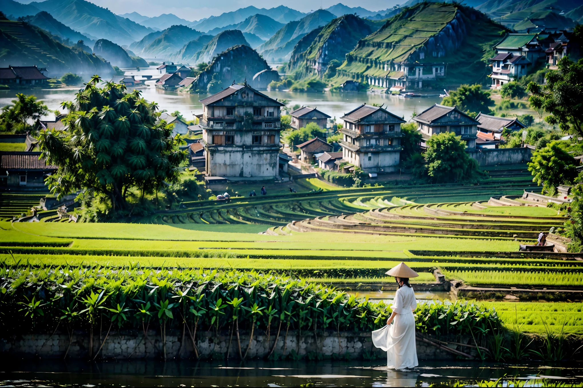 ((A beautiful picture depicting a Vietnamese hometown)), The focus of the scene is on a field with steps leading up to a staircase. In the field, there are Vietnamese farmers working diligently. The atmosphere is filled with the warm glow of beautiful sunshine, creating a cinematic lighting effect. The image is captured using a Sony FE GM lens, which ensures high-quality visuals. The composition of the image is a wide shot, showcasing the vastness and beauty of the landscape. capturing the essence of everyday life. The level of detail in this artwork is exceptionally high, allowing for a realistic and immersive experience. The color palette is vibrant and vivid, enhancing the visual impact. (Asia), ((Vietnam)), ((Vietnam's traditional Ao Dai)), (beautiful Vietnamese women), water buffaloes, ((rice farm)), great mountains, ((shoulder level shot)),