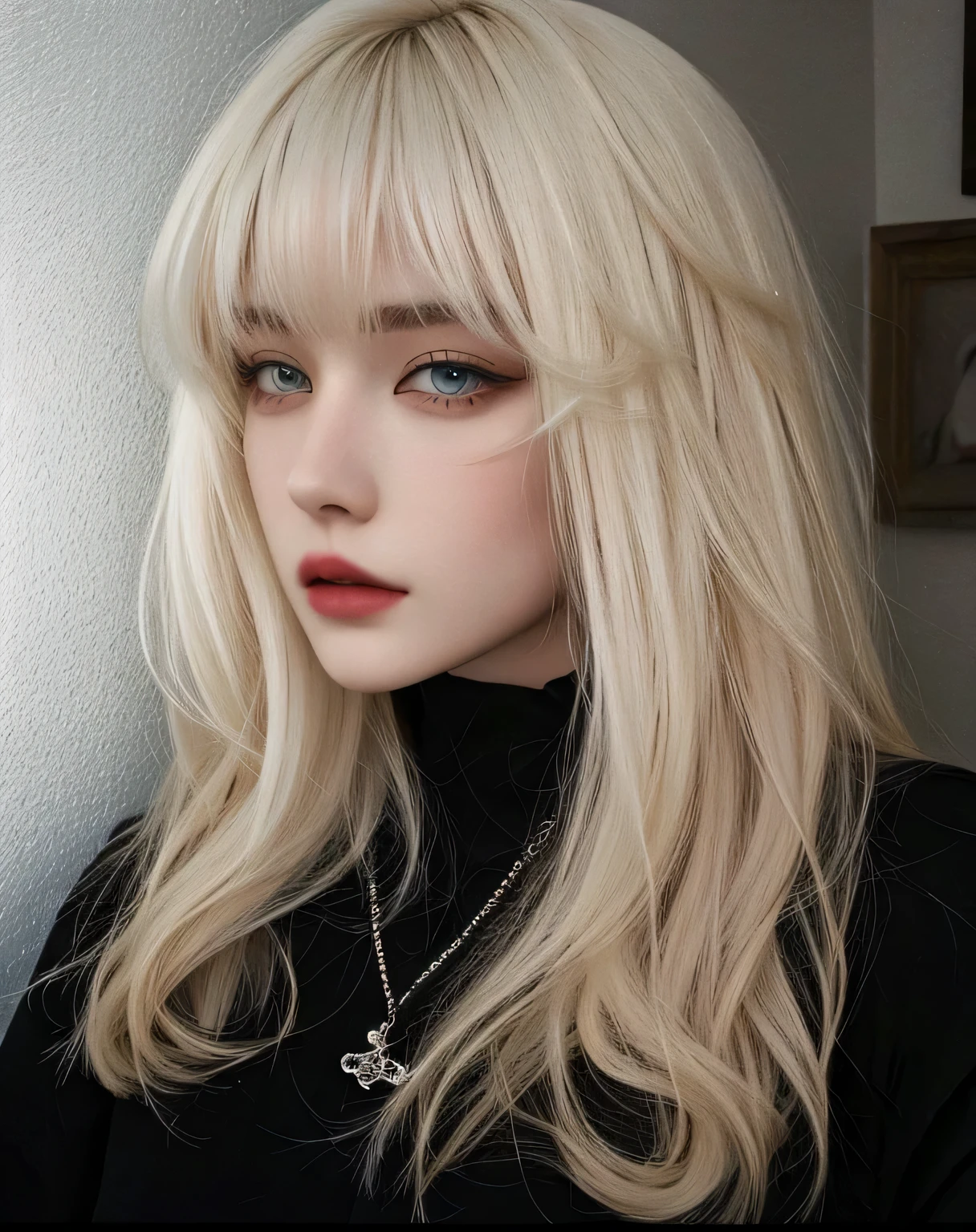 peluca rubia con un tatuaje de mariposa en el costado, pelo largo y blanco y flequillo, pelo largo y rubio y ojos grandes, ulzzang, extremely pale blonde hair, long cabello rubio y ojos grandes, cruel korean gothic girl, very very pale blonde hair, flequillo blanco, cabello rubio y ojos grandes, con el pelo largo y blanco, retrato de kim petras