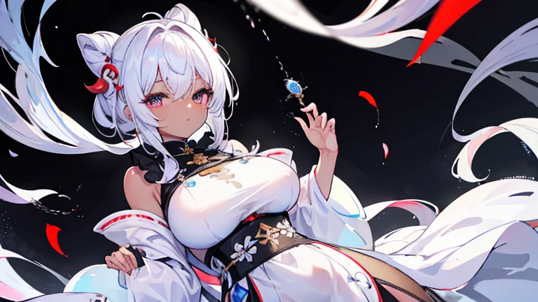 masterpiece, well-equipped eyes, Well-formed hands and fingers, A short young girl with dark skin and very big breasts, A childlike face with big eyes and plumpness, Erotic, White hair chignon, One eye is hidden by bangs, cheongsam clothes, Milk is visible, fearless smile, ultra high resolution 