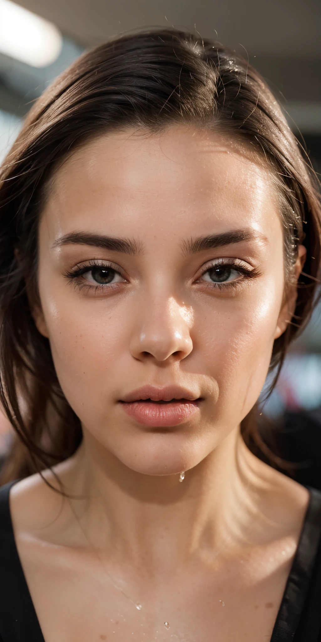 Full face portrait photo of a 25-year-old European girl, CRUDO, Mujer hermosa, labios de fresa entreabiertos, hoyuelos, mirada anhelante, ojos verdes, alumnos grandes, big eyelashes, (very long wavy brown hair), ((detalleed Face)), ((Rasgos faciales detallados)), (piel fina), pale skin, (vestido tech cyberpunk con escote profundo detallado), entorno de megaciudad cyberpunk, (colores frios), wet, wet, reflection, (obra maestra) (proporciones perfectas) (fotos realistas) (Of the highest quality) (detalle) disparada con Canon EOS R5, lente de 50 mm, F/2.8, HDR, (fondo de pantalla) (cinematic lighting) (dramatic lighting) (sharp focus) (complejo), (primer plano de la cara)),