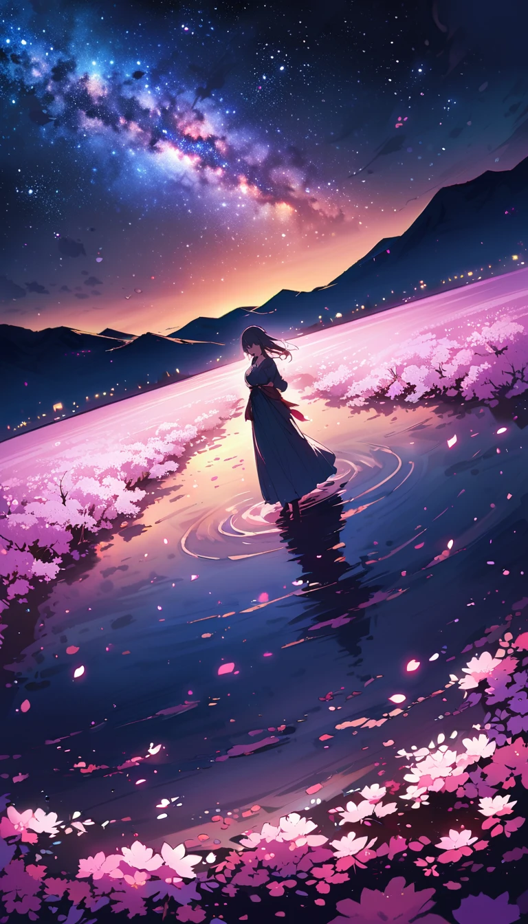 ((best quality)), ((master piece)), ((ultra wide angle)),night,Women、,standing on the salt lake,The water surface is like a mirror,Reflecting the sky。look at the sky,The Milky Way is in the sky,cherry blossoms,cherry blossoms並木,ピンクのcherry blossoms