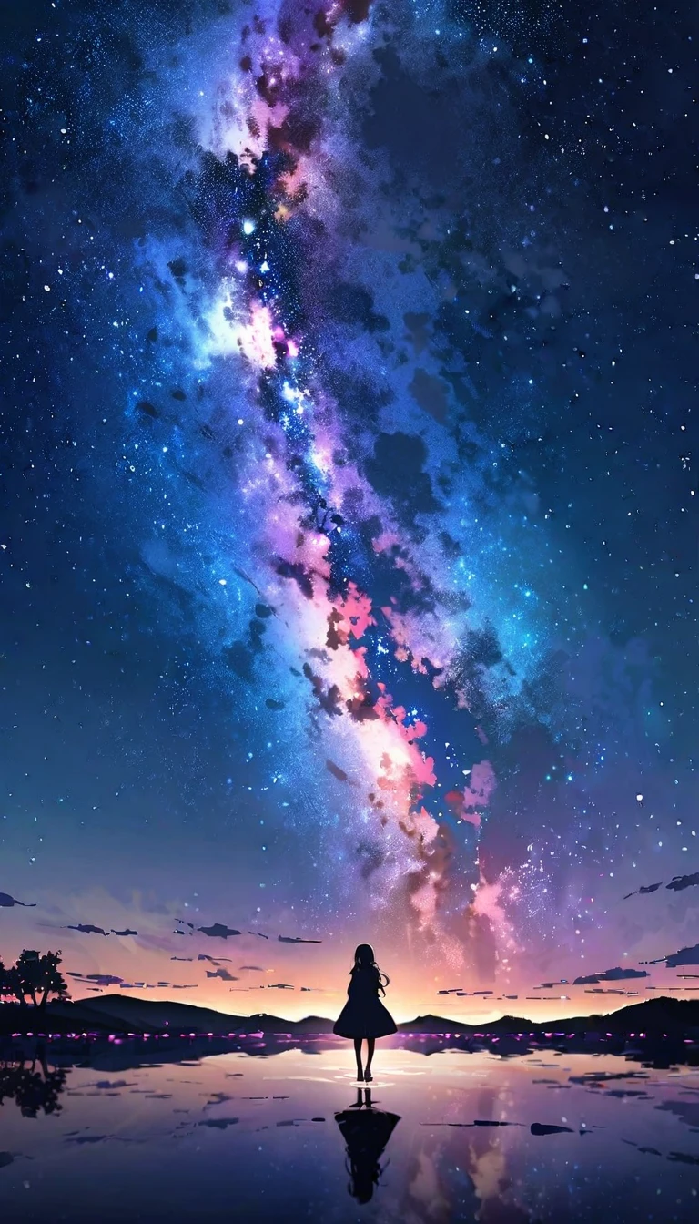 （（best quality））， （（master piece））， （（ultra wide angle）），night,Women、，standing on the salt lake，The water surface is like a mirror，Reflecting the sky。look at the sky，The Milky Way is in the sky,cherry blossoms,cherry blossoms並木,ピンクのcherry blossoms
