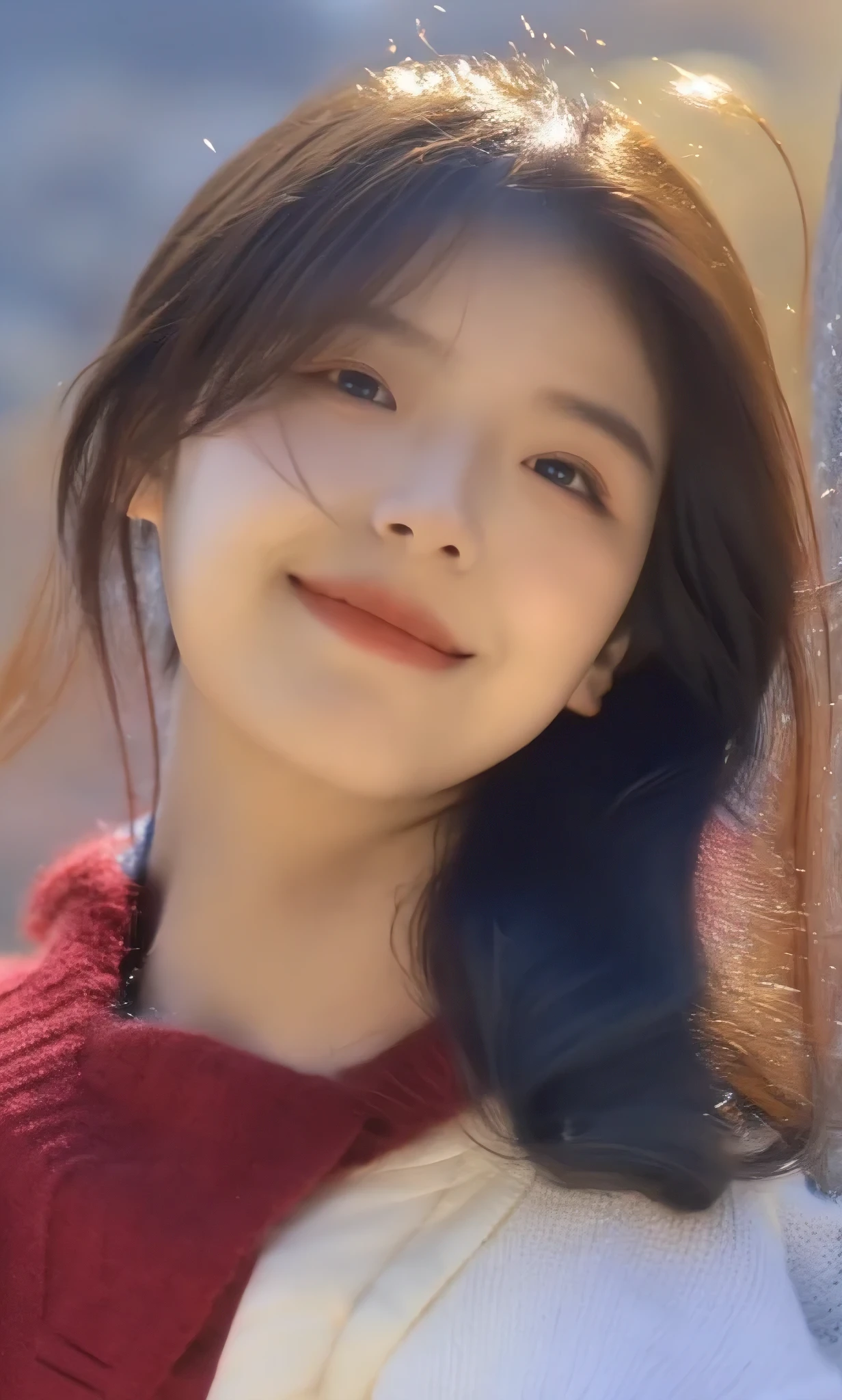 (top-quality、8K、32K、masterpiece、nffsw:1.2)、(Slouched:1.3)、crouching down、(From above:1.2)、(a closeup:1.4)、POV、Loose-fitting T-shirt、large full breasts、(beautiful nipple slips:0.9)、outside of house、the wind、shinny skin、blurry backround、in mountains、Woman posing as a model in、Gravure photography、( Tall gravure model), dark brown hair, Professional Lighting, Photon mapping, Radio City, (high-detail skin: 1.2), hyperdetailed face, Detailed lips, Detailed eyes, Double eyelids,、A smile