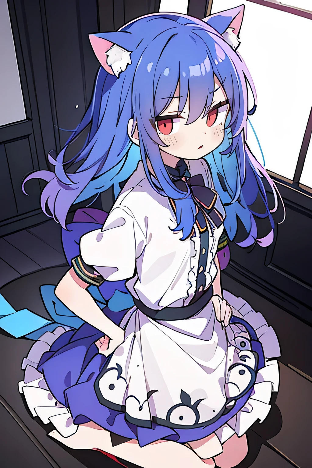(masterpiece),best quality, expressive eyes, perfect face, 1girl,
Put your hands on your waist,fair, Gorgeous,Japanese cartoons,girl,lola,Hina Angel, blue hair, blue haired, floating clothes,Grab your waist, Grab your waist, hands on hips , hands on hips,sit, sit on ground, Legs on the ground, flat chest,cat ears,dark blue eyes,