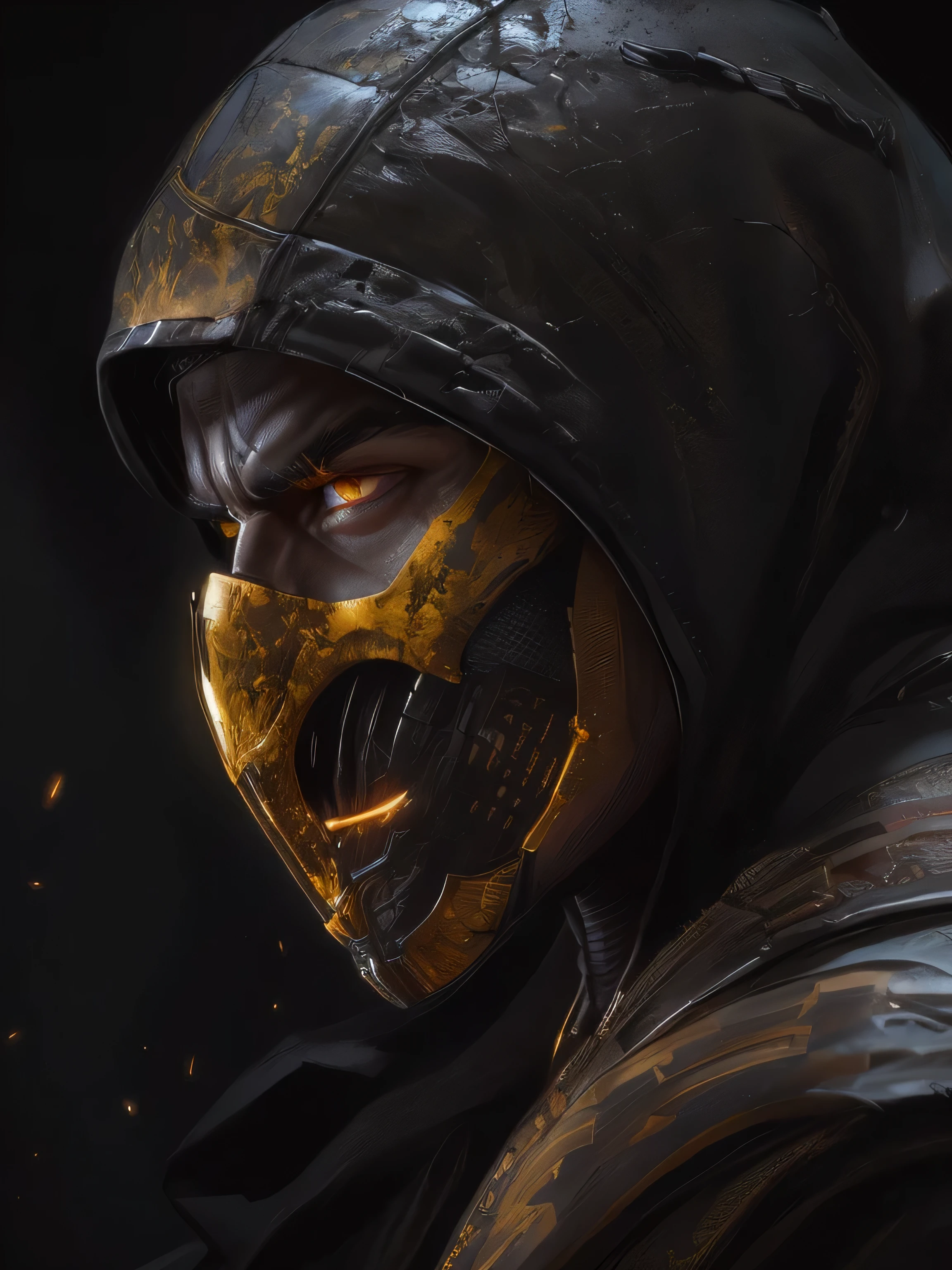 a portrait, scorpion from mortal kombat, detailed white eyes, bladk anc yellow armor, hood, veins on his arm, Intricate, High Detail, Sharp focus, dramatic, photorealistic painting art by greg rutkowski