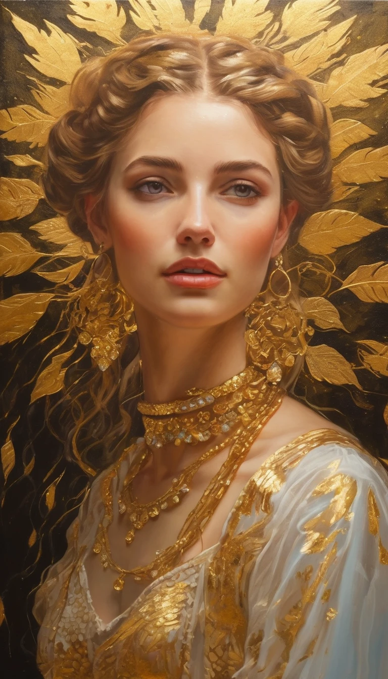(gold leaf art:1.2), soft oil painting with elements of glued gold flakes, Superb masterpiece, upper body, (adult: 1.6) Hungarian woman, (giggle: 0.4), arms behind the head, golden braids, sparkling eyes, Victorian sun dress, floating light particles, centered, added facial detail