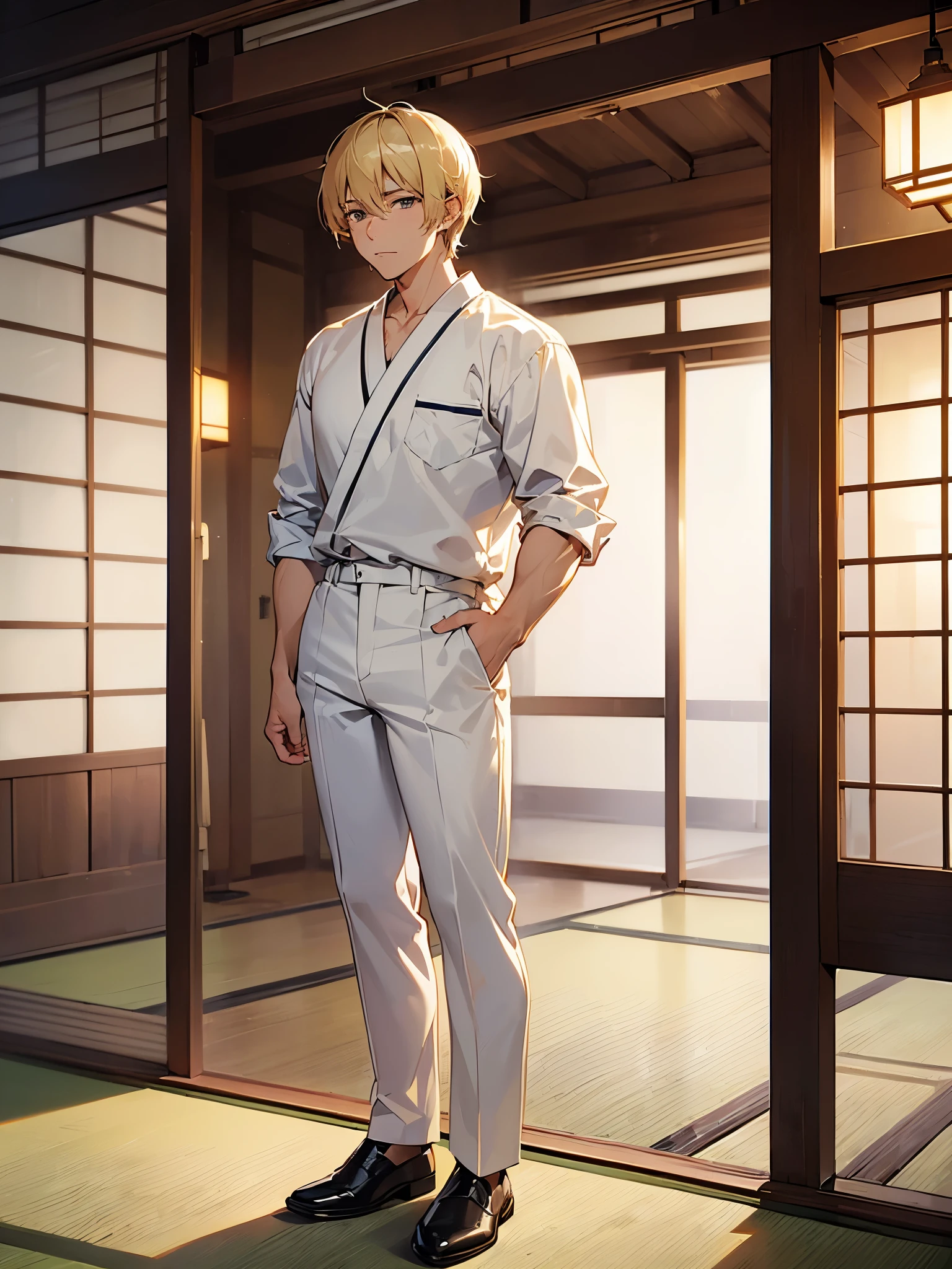 single shot:1.3,(((Highest image quality、highest quality、masterpiece、High resolution))),(((front view、straight,cowboy shot、blonde、short hair、Only one man:1.3、muscular、tall、Short white work clothes:1.3、White trousers,masseuse、Straight standing figure)))、(((Japanese-style room at a ryokan))),white futon,(((night:1.3))),Room lights:1.3