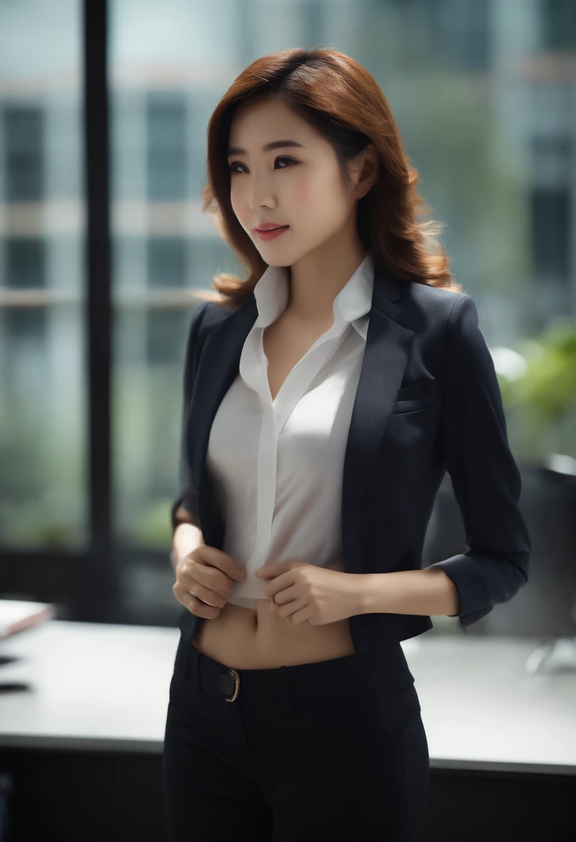 masutepiece, Best Quality, 超A high resolution,(photographrealistic:1.4) (depth of fields),(Lens Glow) , jaket:1.5、Inside the office:1.5、a Pretty Japanese woman:1.5、officeworker、Sexy buttocks:1.5、put hands on the hip:1.5、smil、Tight pants:1.75, visible camel toe:1.5
