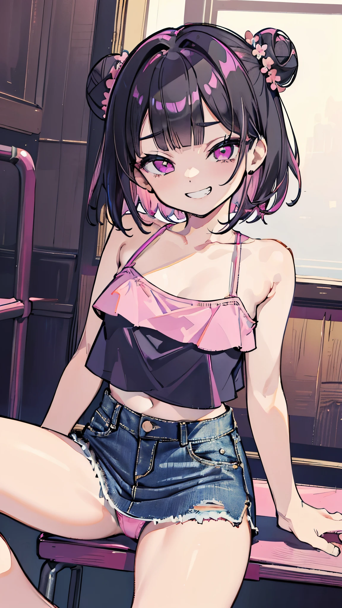 (8K、Highest image quality、highest quality、masterpiece)、detailed face、(( alone))、black hair、short hair、twin buns、blunt bangs、pink eyes、evil smile、((grin))、small breasts、((pink camisole))、((denim pencil skirt))、cowboy shot、sit on a chair、open legs、((pink panties))、classroom background