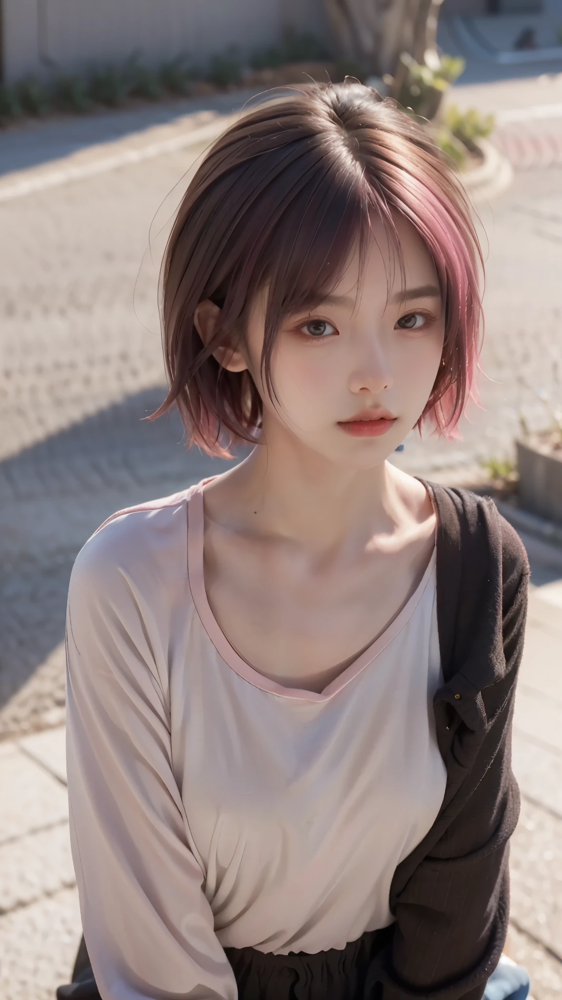 最high quality, masterpiece, 超High resolution, (Realistic:1.4), RAW Photos, 1 person,, short hair,, (masterpiece, 最high quality, high quality, High resolution, Very detailed),Pink Hair
