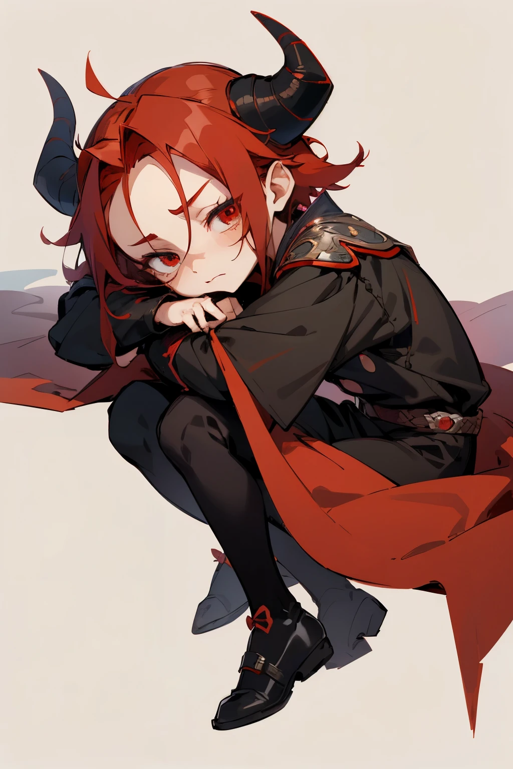 boy, swordman, full body, cartoon style, chibi style, cute, Demon horns from the forehead, beautiful face, sleepy face, red color eye, beautiful eye, high detailed pupil, double eyeylid, high detailed skin, high quality skin, red color hair, black clothes, masterpiece,
