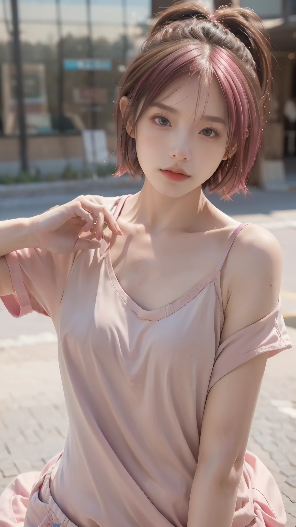 RAW shooting,最high quality, masterpiece, 超High resolution, (realistic:1.4), Raw photo, 1 girl,, short hair,, (masterpiece, 最high quality, high quality, High resolution, Super detailed),pink haired,Middle Hair Depth of Field、chromatic aberration、、wide range of lighting、natural shading、), (Night lights:1.4)