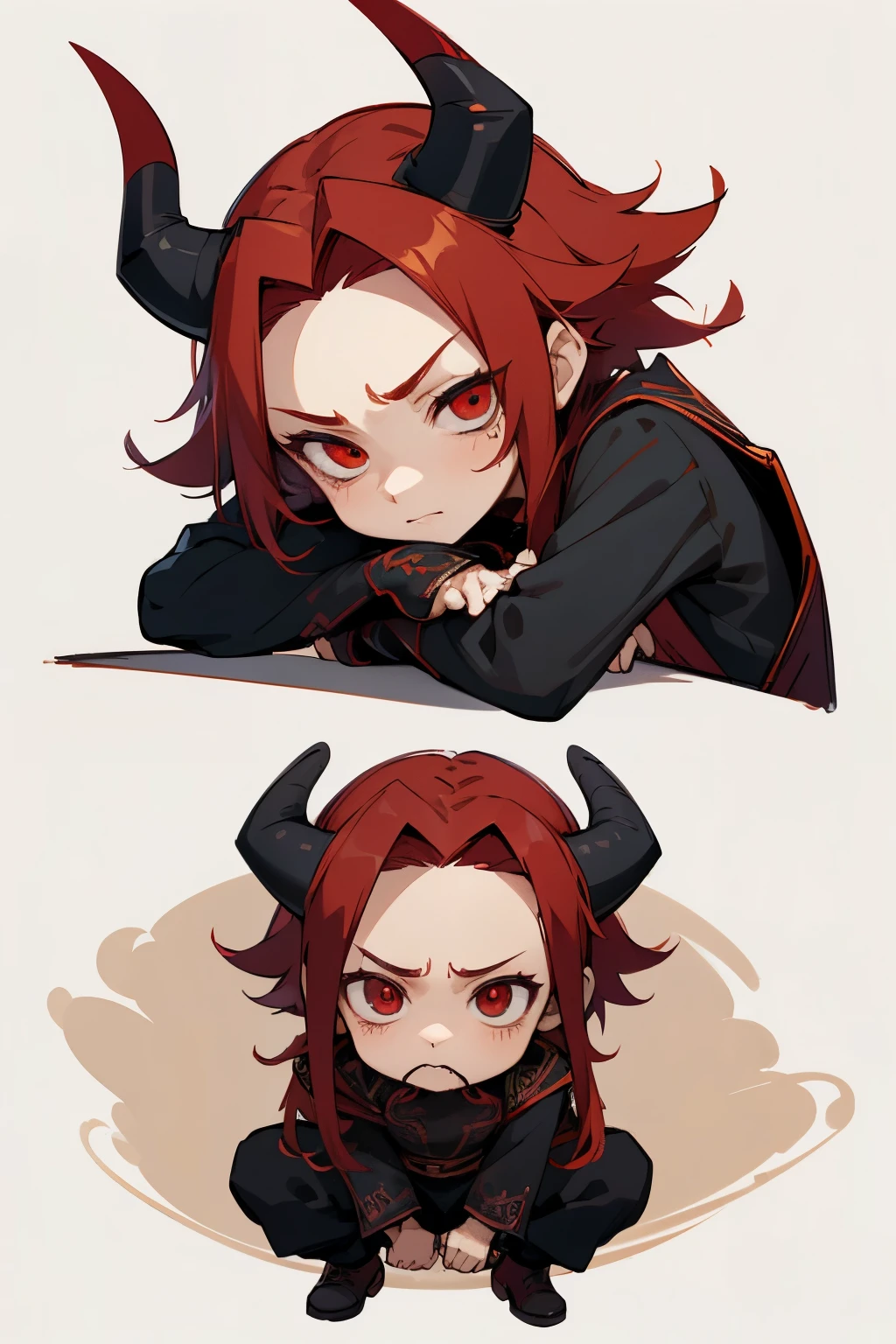 boy, swordman, full body, cartoon style, chibi style, cute, Demon horns from the forehead, beautiful face, sleepy face, red color eye, beautiful eye, high detailed pupil, double eyeylid, high detailed skin, high quality skin, red color hair, black clothes, masterpiece,