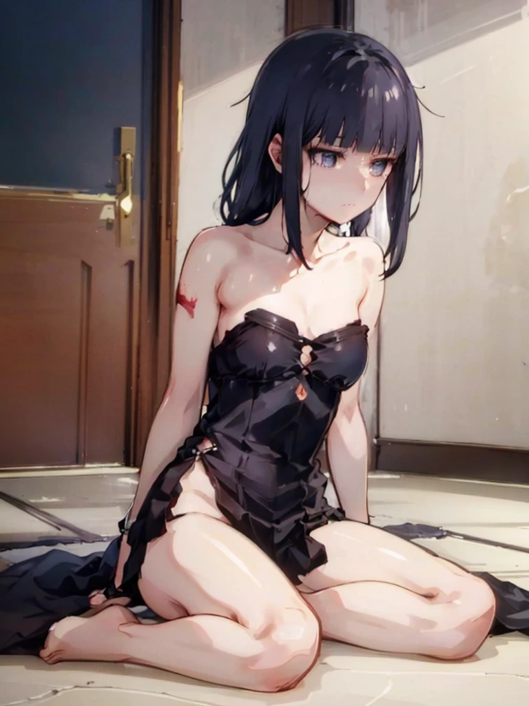 full body, 1 girl, black hair, shoulder length hair, black eyes, small breasts, detailed background, highres, highly detailed face, Detailed eyes, good proportions, royalty, domination loss, pained expression, bruises, fallen down, held on floor, inconspicuous drop of blood,