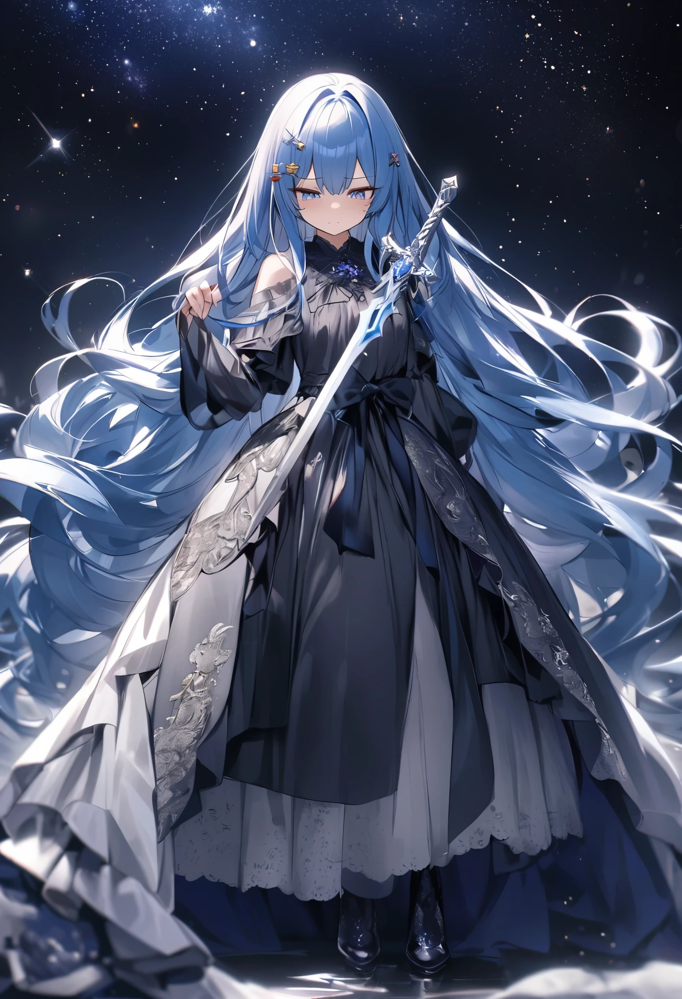 starry sky、美しいstarry sky、1 woman、blue hair、long hair、very long hair、Star Hairpin、holding a silver sword in one hand、Holding a silver sword in one hand、dress、黒いdress、dressに星の装飾品、sharp face、blue rose、full body figure、cold、Cold-hearted、look down、eyes with highlights、