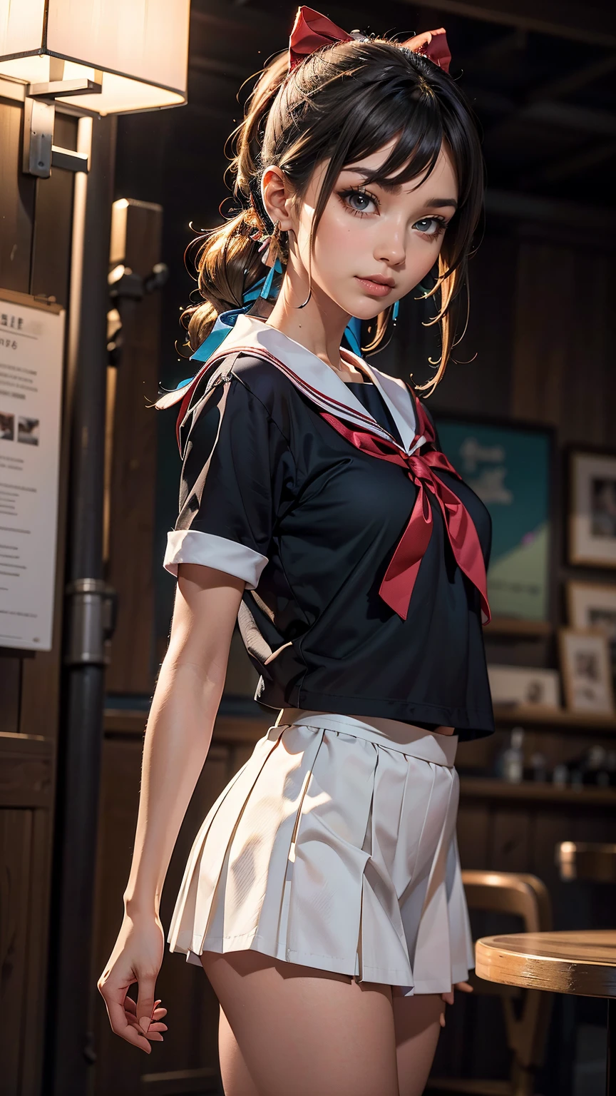 ((最high quality, 8K, masterpiece: 1.3, Ultra HD, high quality, 最high quality, High resolution, realism)) 、An extremely beautiful 18-year-old Japanese woman、hair color is black、black eye、medium hair、straight hair、smile、Slender but well-proportioned, slim and muscular body、Athlete-like body type、I don't want my head to disappear from the screen.、Sailor uniform、Wear a navy blue pleated skirt、wear loafers、Brown inner color((colored inner hair))、Hair behind ears((hair behind ear))、hair band((hair ribbon))、Vertical roll on one side((side drill))、Being in the karaoke box、マイクを握ってsmileで熱唱