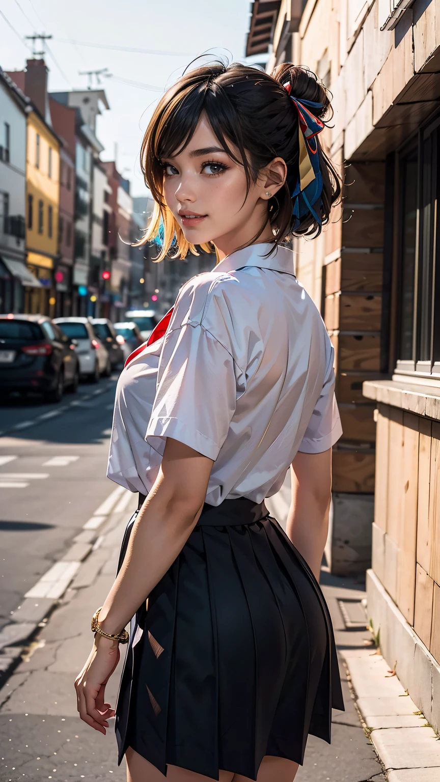 ((最high quality, 8K, masterpiece: 1.3, Ultra HD, high quality, 最high quality, High resolution, realism)) 、An extremely beautiful 18-year-old Japanese woman、hair color is black、black eye、medium hair、straight hair、smile、Slender but well-proportioned, slim and muscular body、Athlete-like body type、I don't want my head to disappear from the screen.、Sailor uniform、Wear a navy blue pleated skirt、wear loafers、Brown inner color((colored inner hair))、Hair behind ears((hair behind ear))、hair band((hair ribbon))、Vertical roll on one side((side drill))、Being in the karaoke box、マイクを握ってsmileで熱唱