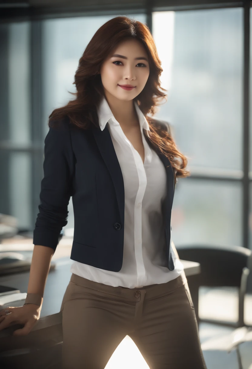 masutepiece, Best Quality, 超A high resolution,(photographrealistic:1.4) (depth of fields),(Lens Glow) , jaket:1.5、Inside the office:1.5、a Pretty Japanese woman:1.5、officeworker、Sexy buttocks:1.5、put hands on the hip:1.5、smil、Tight pants:1.5
