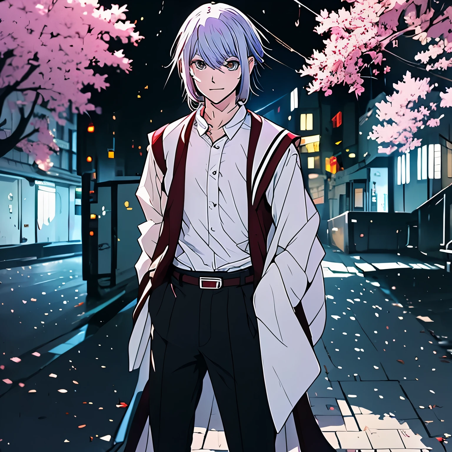 
Please draw an illustration of a standing full-body Japanese male high school student with silver hair and a kind face.