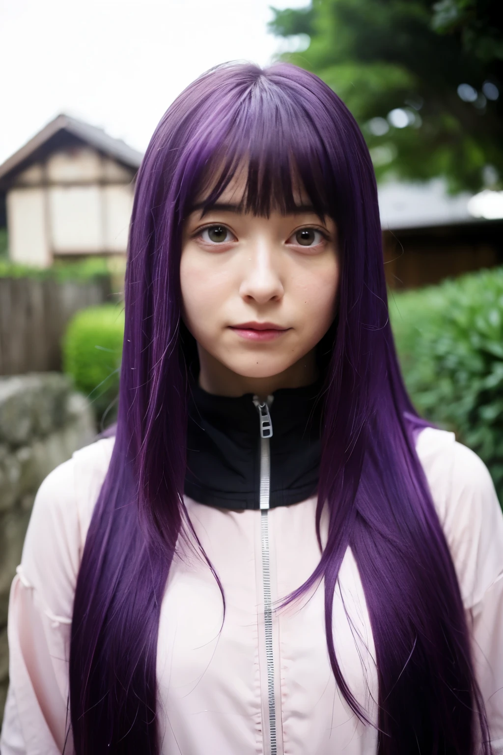 emilyrudd, as hinata hyuuga from Naruto, purple hair, long hair, straight hair, straight bangs, in hidden ninja village konoha