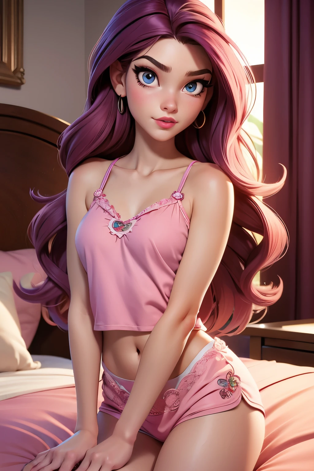 Masterpiece, raw, beautiful art, professional artist, 8k, very detailed face, very detailed hair, 1girl, Vanessa Doofenshmirtz, perfectly drawn body, beautiful face, long hair, very detailed eyes, pouty lips, rosey cheeks, intricate details in eyes, looking straight at viewer , tight pajama shorts and tight pajama halter top, in love with viewer expression, puckered lips, lipstick, relaxing on her comfortable bed