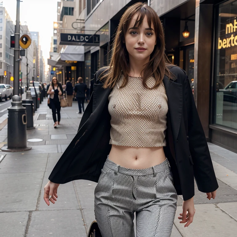 Dakota Johnson dressed in fishnet shirt with pants