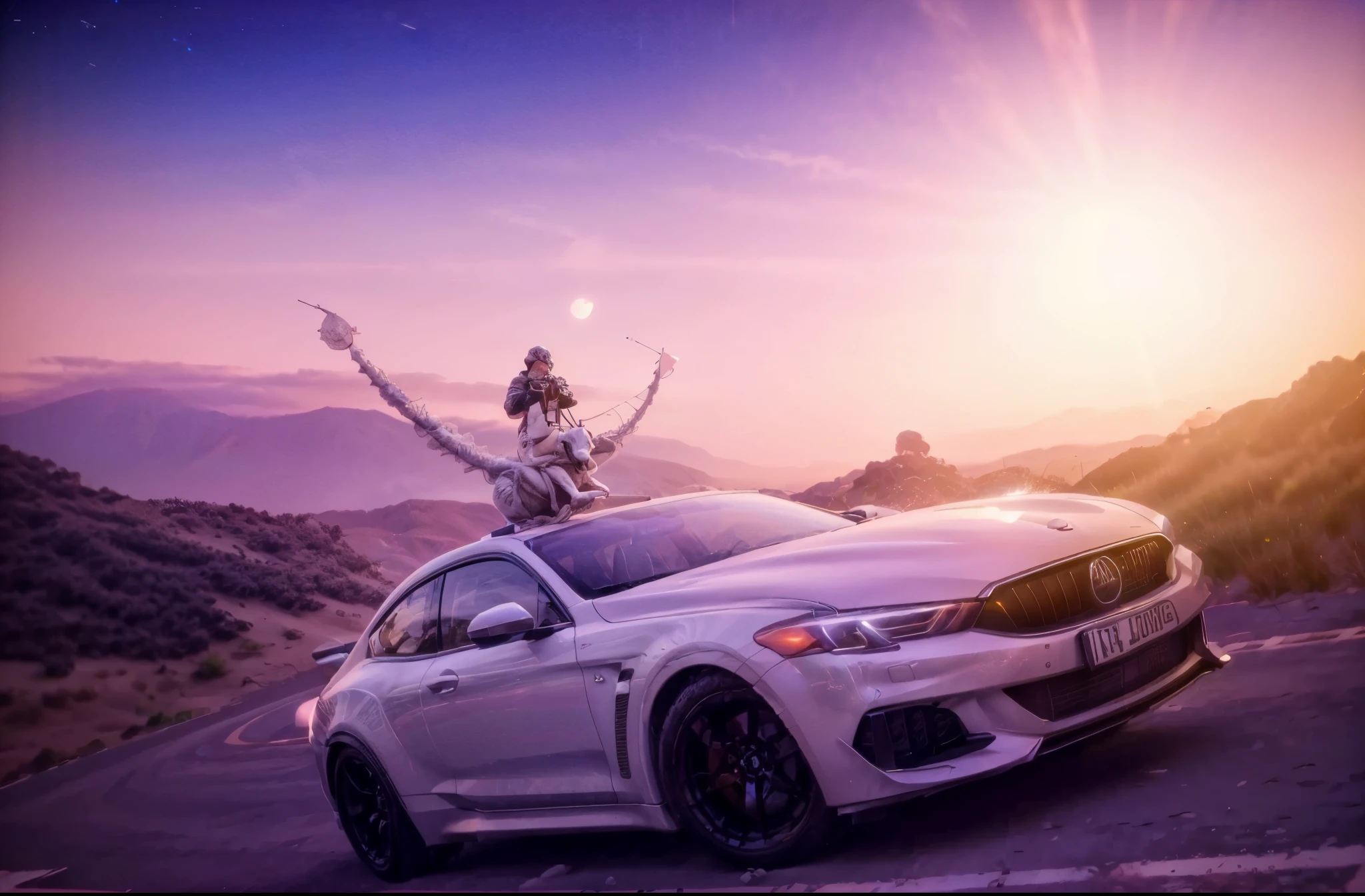 araffe on top of a white car with a man on top, bright light masterpiece, 8k in the style, outrun style, illustration 8 k, 8k scene, inspired by Mike Winkelmann, fantasy style 8k octane render, High quality, detailed texture.