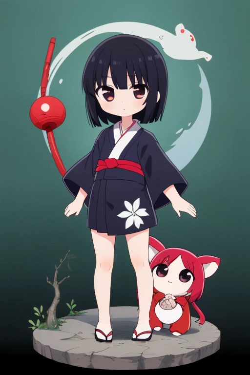 1 girl,green backguround,chibi,full body,standing,high resolution,Landscape,Lower your hands,Empty-handed,sideways,standing,Stand upright, low two hands,black hair,Zashikiwarashi,bobbed hair,Zashiki Doji,red yukata,red wahuku,kazaguruma,short hem,black eyes,Moesode