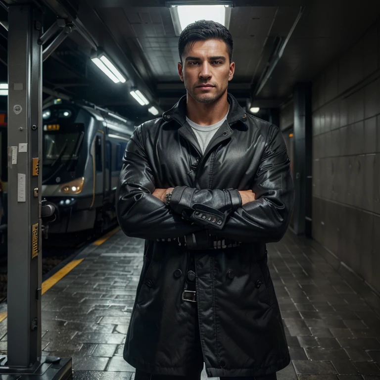 ((photorealism, high quality, detailing, Masterpiece, Best quality:1.2)), (whole body) European strong man (25 years),attractive facial features, black short hair and gray eyes, strong build, in a coat, pants, crossed arms, under rain, (complex background, train), dynamic composition, night, blur depth, world,