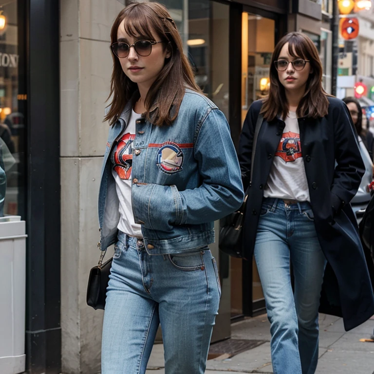 Dakota Johnson dressed in spiderman jacket with jeans