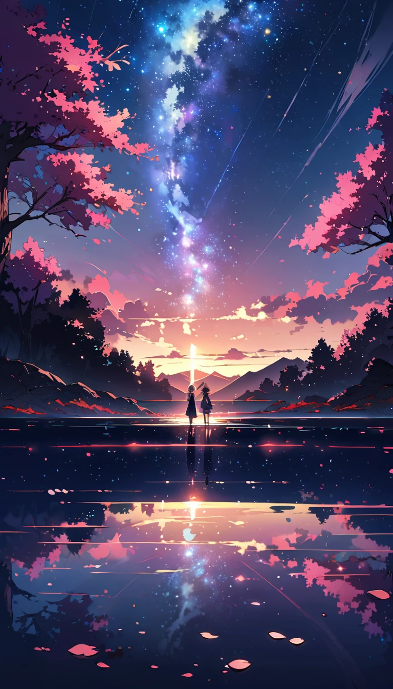 ((best quality)), ((master piece)), ((ultra wide angle)),night,Women、,standing on the salt lake,The water surface is like a mirror,Reflecting the sky。look at the sky,The Milky Way is in the sky,cherry blossoms,cherry blossoms並木,ピンクのcherry blossoms