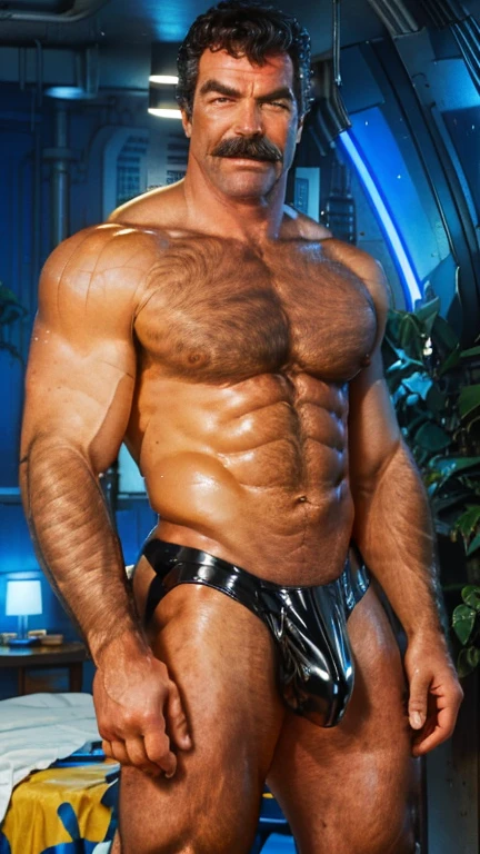 full body portrait, strong burly hairy mature older man(space captain), wearing futuristic captain's uniform insignia (neon and black) (open and revealing) (latex) , gray hair, broad shoulders, round belly, thick feet, bulging micro thong, barefoot, scifi spaceship captain uniform, neon lights, best quality elegant masterpiece, face looks like Tom Selleck (Magnum PI) , military buzzcut, dark mustache, gray stubble, latex, wearing a latex thong, big bulging crotch, futuristic gear equipment, wearing see through plastic chest armor (neon yellow and electric blue), wearing neon yellow see through chest armor, wearing electric blue latex chaps(see-through) , wearing cool neon sneakers,in spaceship cockpit, lying in spaceship sleeping quarters(bed) (view from above), smiling with teeth showing, nicebulge, waiting in bed, glowing armor, legs up(!) and spread(!) , big muscle ass, wet and dripping ass, visible asshole(!) , wet asshole, hairy pecs, thick long legs, silver hair, mustache(!),