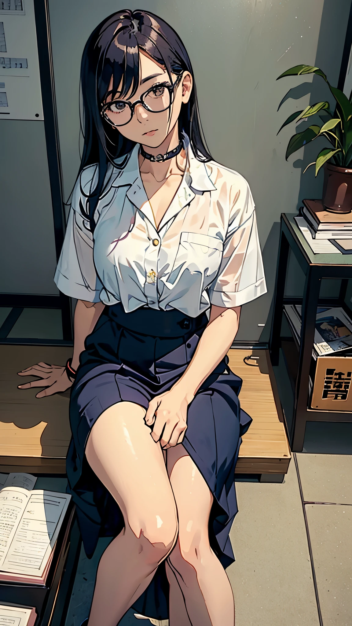 masterpiece, highest quality, (Highly detailed CG Unity 8k wallpaper), (highest quality), (Best illustrations), (Best Shadow), Confused, Realistic lighting, (abyss), Beautiful and delicate shine, Woman working at a construction site,Helmet,Random Pause,((Long sleeve shirt)),Cute freckles on the cheeks,Mole under left eye,There is a woman sitting on the floor with her legs crossed.., wear glasses, Japanese Model, wear glasses on, With square glasses, Young sensual gravure idol, yasumoto oka, A real young gravure idol, no glasses,