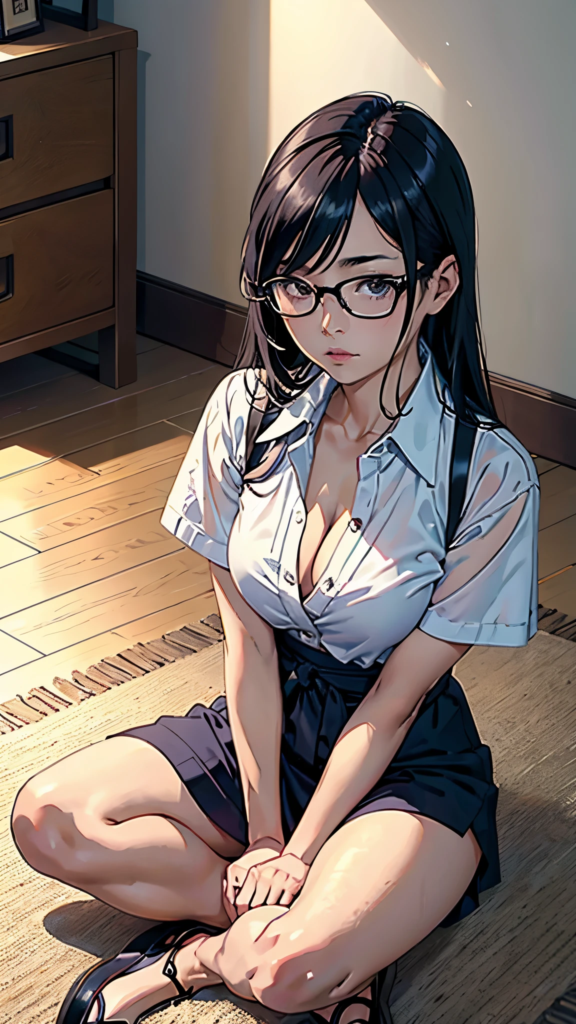 There is a woman sitting on the floor with her legs crossed., with glasses, japanese model, with glasses on, With square glasses, young sensual gravure idol, yasumoto oka, Real young gravure idol, no glasses, Yoshitomo Nara, aoi ogata, wearing glasses, surreal