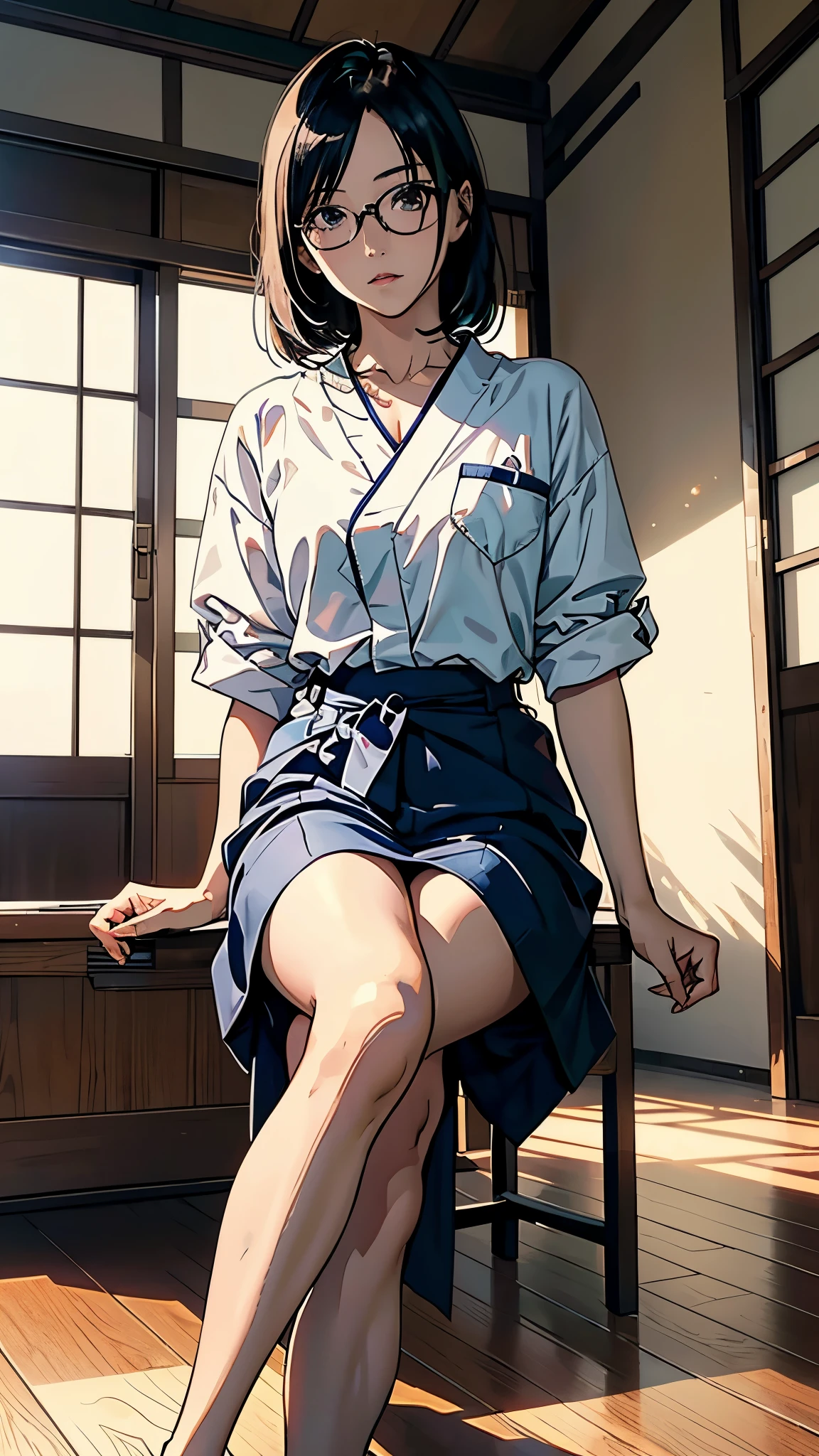 There is a woman sitting on the floor with her legs crossed., with glasses, japanese model, with glasses on, With square glasses, young sensual gravure idol, yasumoto oka, Real young gravure idol, no glasses, Yoshitomo Nara, aoi ogata, wearing glasses, surreal