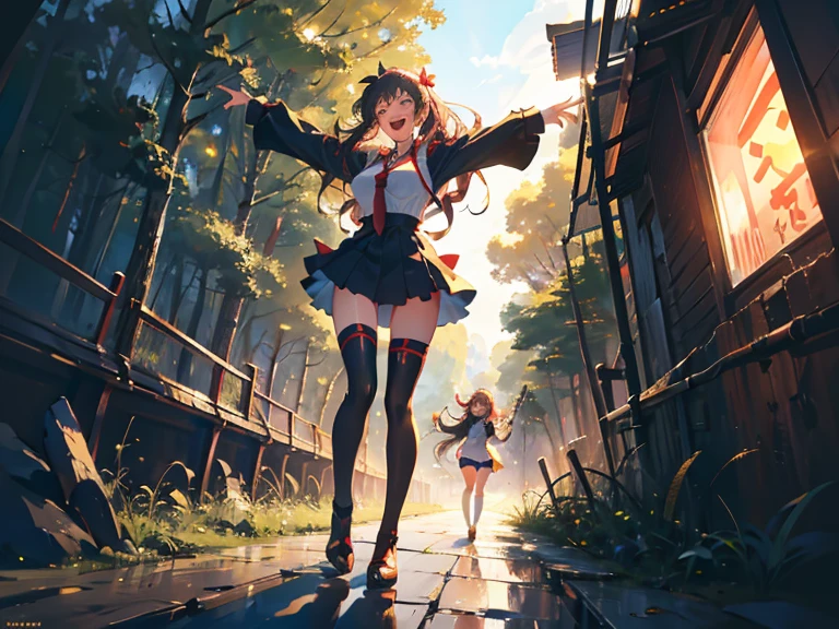 (Patchouli toho character), (standing at lakeside forest), outside, (standing with open legs wide:1.6), (arms behind back), (bending back), tiptoe, pigeon toed, BREAK, (disproportionately gigantic huge breasts:1.2), cleavage, inconceivably thin waist, very short torso, (thin long legs apart:1.23, BREAK, very short miniskirt, thigh gap, (black thighhighs:1.2), highheels, BREAK, smile for viewer, open mouth, nose blush, full body, (pussy juice)