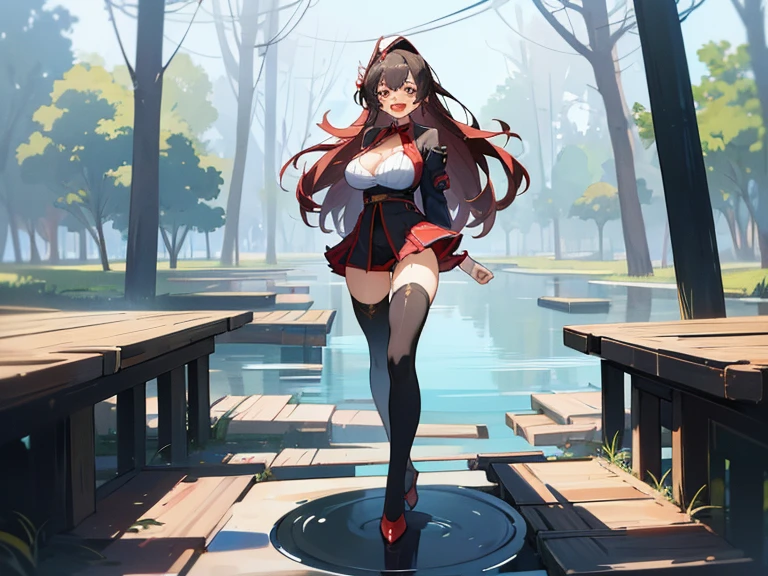 (Patchouli toho character), (standing at lakeside forest), outside, (standing with open legs wide:1.6), (arms behind back), (bending back), tiptoe, pigeon toed, BREAK, (disproportionately gigantic huge breasts:1.2), cleavage, inconceivably thin waist, very short torso, (thin long legs apart:1.23, BREAK, very short miniskirt, thigh gap, (black thighhighs:1.2), highheels, BREAK, smile for viewer, open mouth, nose blush, full body, (pussy juice)