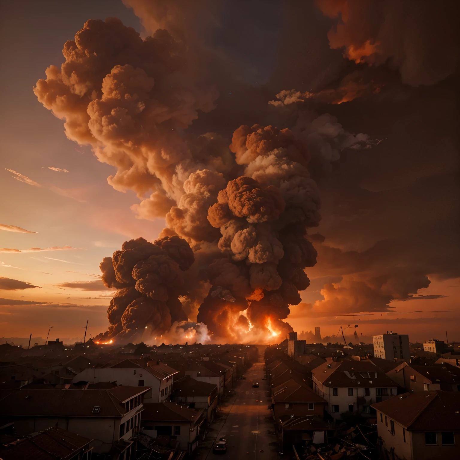 red sky with red clouds and red and orange smoke everywhere in a destructed and demolished city with fires on cars