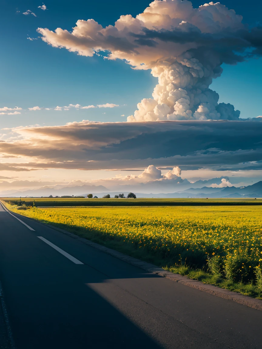 (Super detailed), ((highest quality)), (ultra high resolution,8K), (Highly detailed CG integrated 8k wallpaper), A single road across a beautiful, vast plain, Lush, flower, earth, horizon, cumulonimbus, Blue sky