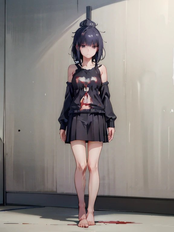 full body, 1 girl, black hair, shoulder length hair, black eyes, small breasts, detailed background, highres, highly detailed face, Detailed eyes, good proportions, pained expression, bruises, prisoner, prison, death row inmate, traces of blood, ball and chain