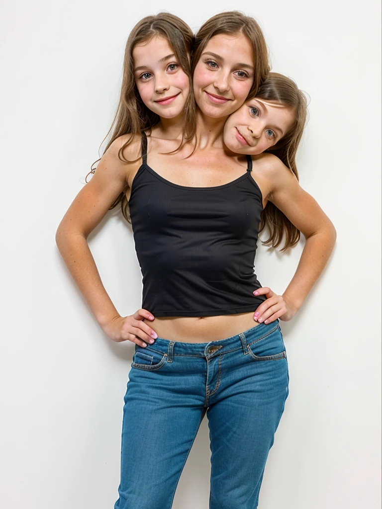 3heads, three headed girl, (a 10 year old girl and a 40 year old woman:1.5), (a 5 year old girl:1.5)